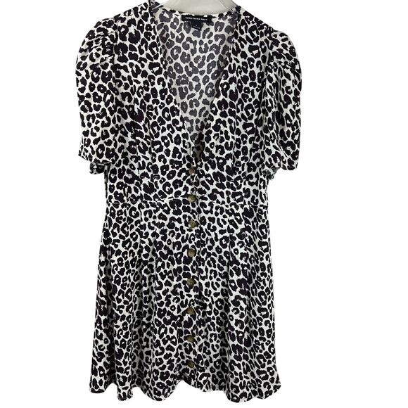 Something Navy Button Front Dress S Leopard Print Puff Sleeve Cheetah Cozy Chic‎ - Picture 1 of 13